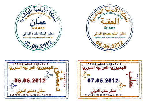 Stylized passport stamps of Jordan and Syria in vector format.