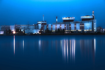 Nuclear power plant at night in South Ukraine