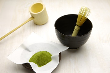 Tea-things of traditional japanese powdered green tea