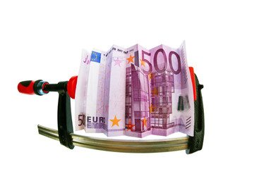 Eurogeld Schein in Schraubzwinge