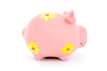 Pink Piggy bank with yellow flowers
