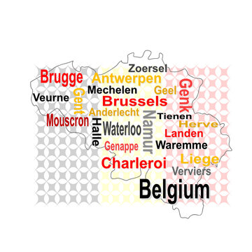 belgium map and words cloud with larger cities