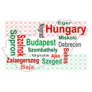 hungary map and words cloud with larger cities