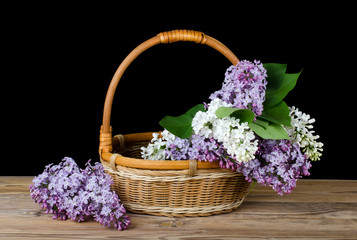 Fototapeta na wymiar Lilac bouquet in a wattled basket