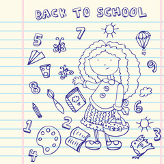 School girl background. Cartoon icons set