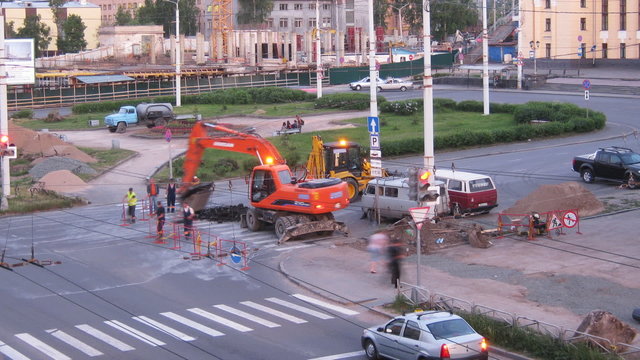 Excavator And Truck Working On The Road, Time Lapse Movie