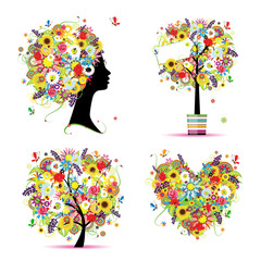 Sommerstil - Baum, Rahmen, Blumenstrauß, weiblicher Kopf für Ihr Design