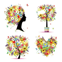 Fotobehang Bloemenmeisje Zomerstijl - boom, frame, boeket, vrouwelijk hoofd voor uw ontwerp