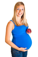 Pregnant woman with peach isolated on white