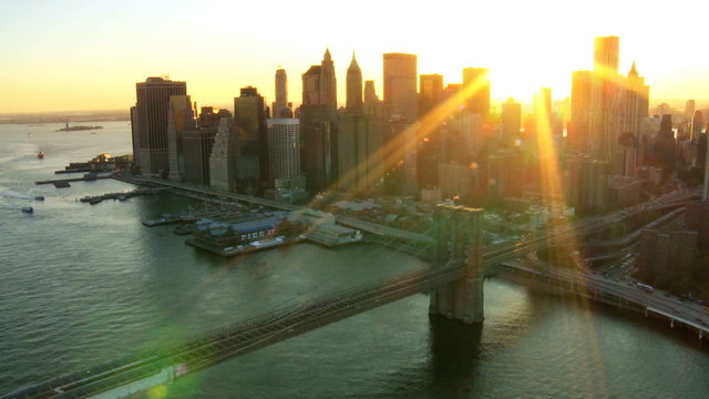 Aerial view of New York Financial District, Brooklyn Bridge, North America