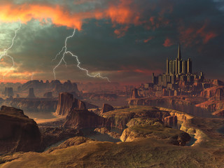 Fototapeta premium Lightning Storm over Ancient Alien City Landscape