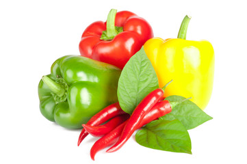 Red chili pepper with leaves and sweet paprika on white