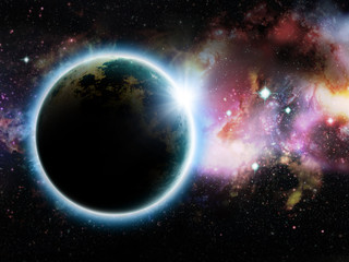 Fototapeta na wymiar Ilustracja fikcyjnej planecie z wschodzącego słońca.