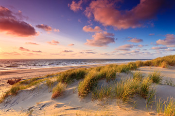 Bord de mer avec dunes de sable au coucher du soleil