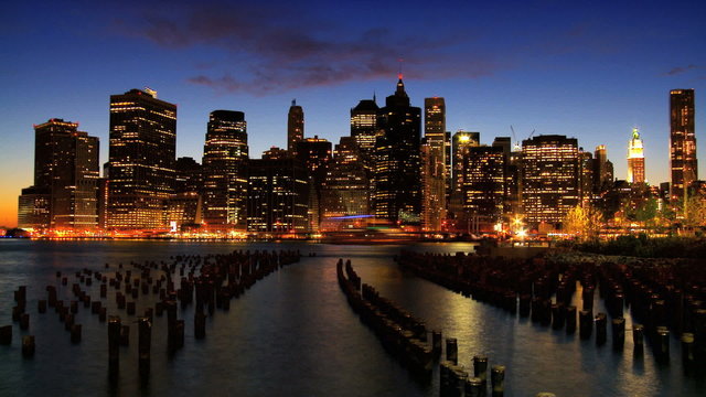 Time Lapse Sunset view of Manhattan Financial District, NY, USA