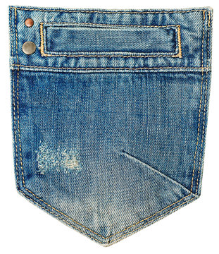 Blue jeans pocket isolated on white .
