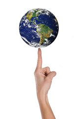 Hand and balance world over white background.