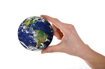 Hands holding world over white background.
