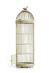 Vintage bird cage with open door over white background. - 33722592