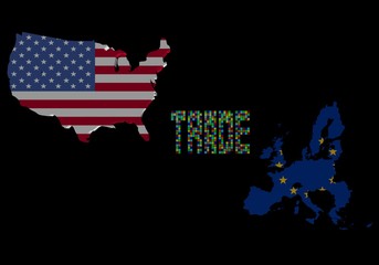 Trade text with USA and EU map flags illustration