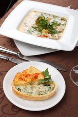 fish soup with potato chips and fish pie