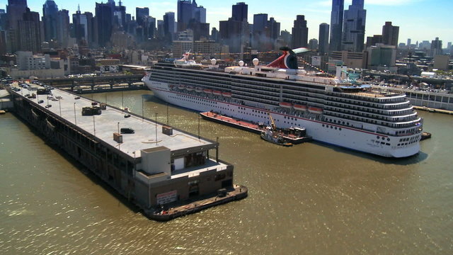 Aerial view of a Cruise Liner in the Hudson River, NY, USA