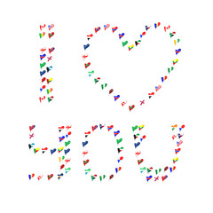 word I love you from world country flag in heart