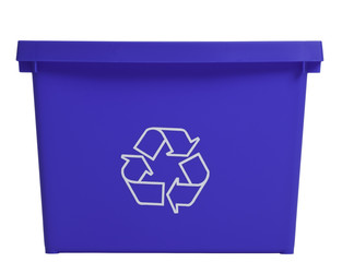 Blue recycling bin, frontal view