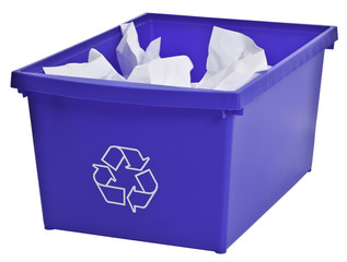 Blue recycling bin filled with whiter paper