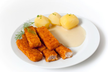 Fischstäbchen mit Kartoffeln & Senfsoße