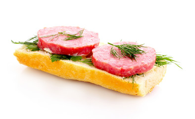 sausage on bread isolated on white