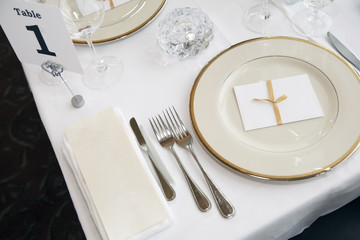 Wedding.  Elegant table set at fine restaurant.