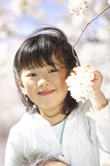 桜の花を手にとる女の子