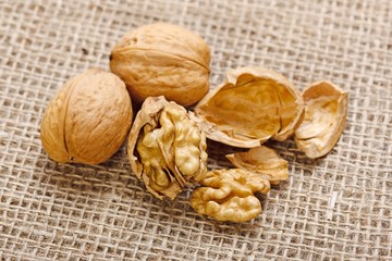 Walnuts on homespun linen background