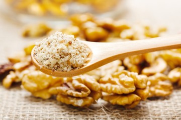 Walnut greound, nutmeat in background