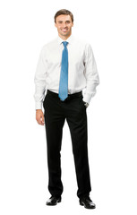 Full body portrait of happy smiling business man, isolated