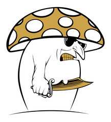 evil cartoon mushroom with sunglasses and knife