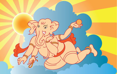 Ganesha Flying in Sky, Sunset