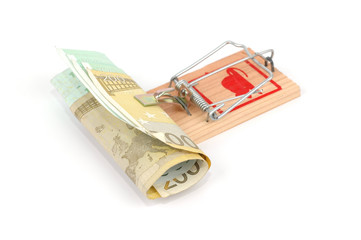 Euro banknotes in a mousetrap