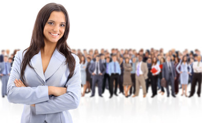 Happy young business woman standing in front