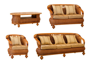 set of isolated rattan furniture on a white background
