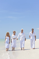 Four People, Two Seniors, Family Couples, Walking On Beach
