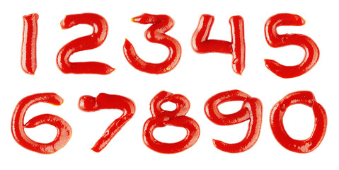 numbers made of ketchup on white background