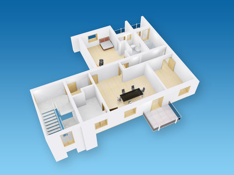 3D Querschnitt Wohnung mit M&ouml;beln