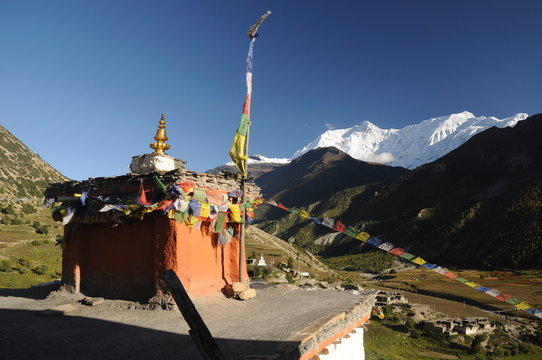 Old Buddhist Monastery and Annapurna peak, Nepal