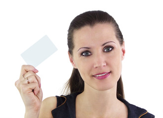 beautiful woman holding blank card