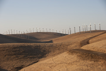 Windraeder in H&uuml;gellandschaft am Abend. Kalifornien/USA