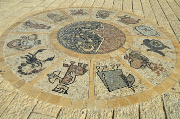 Mosaic circle with zodiac signs in Jaffa. Israel.
