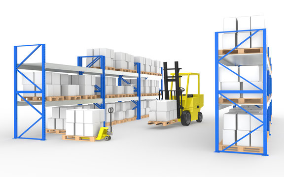 Forklift, hand truck and shelves.Part of a Warehouse series