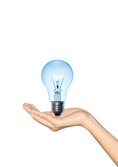 Blue Light bulb in hand woman on white background